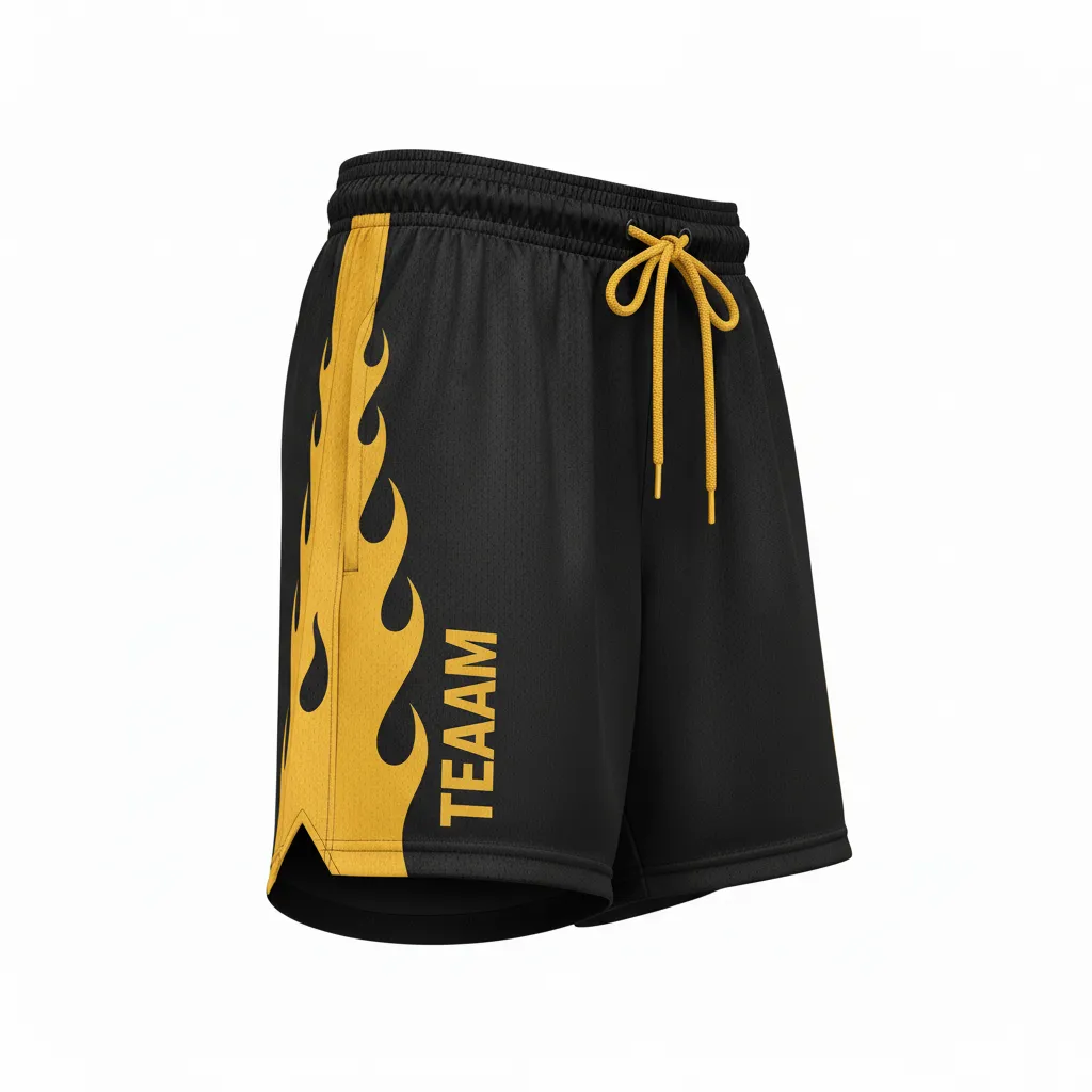 Custom Volleyball Athletic Shorts - Black, Gold - Athletic Shorts Vegas Flame Design - Side View - HAMCO Sports Inc.