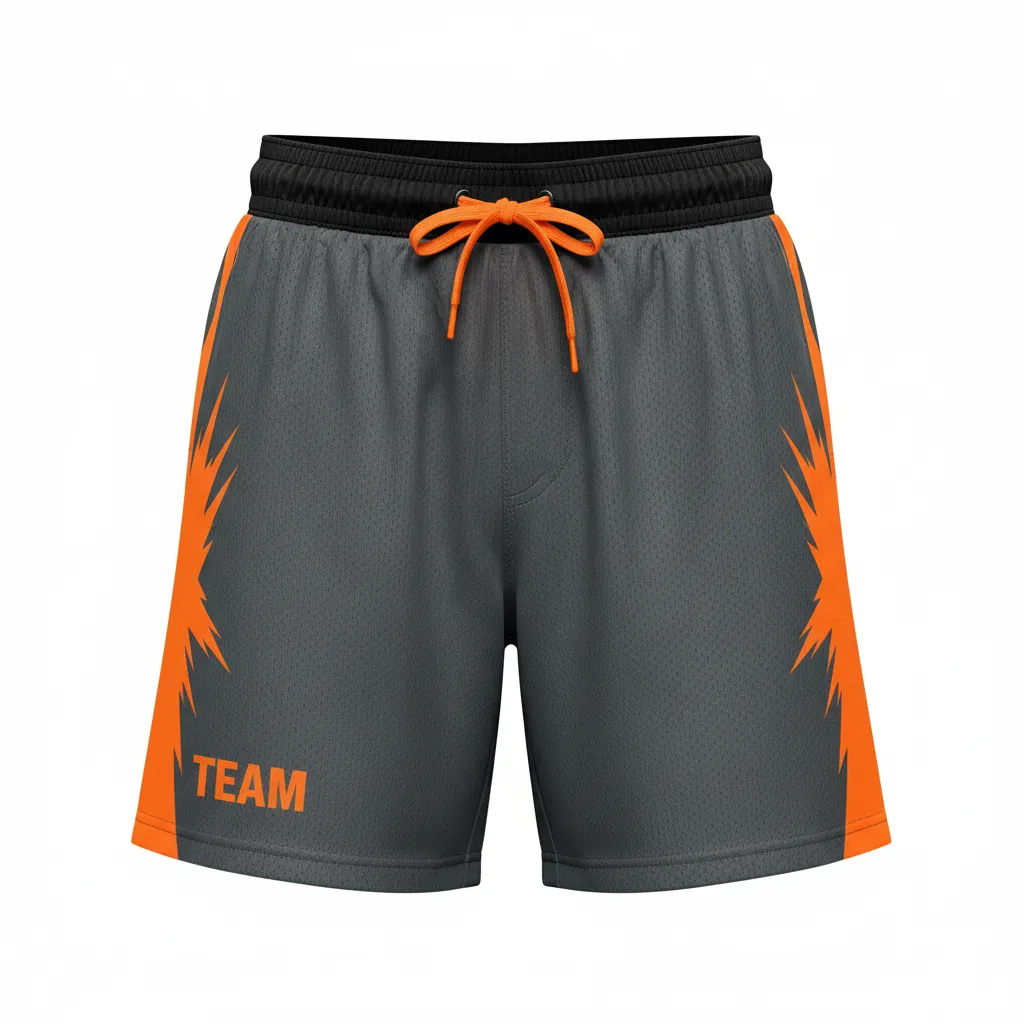 Custom Volleyball Athletic Shorts - Grey, Orange - Athletic Shorts Charcoal Neon Burst - Front View - HAMCO Sports Inc.
