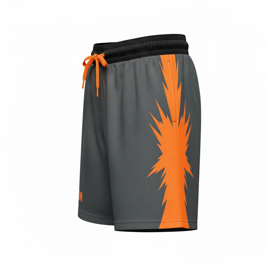Custom Volleyball Athletic Shorts - Grey, Orange - Athletic Shorts Charcoal Neon Burst - Side View - HAMCO Sports Inc.
