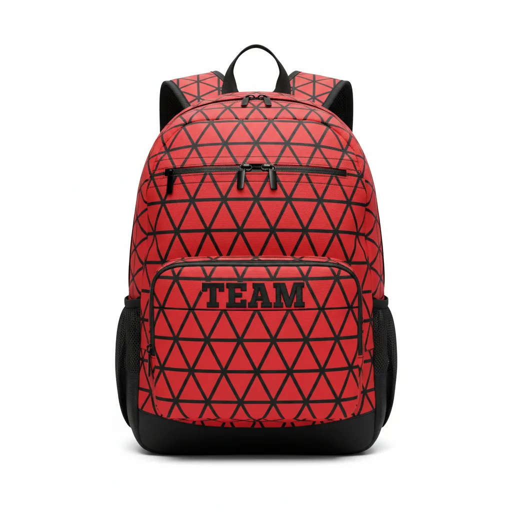 Custom Volleyball Backpack - Red, Black - Team Backpack Athletic Geometric Triangles - Front View - HAMCO Sports Inc.