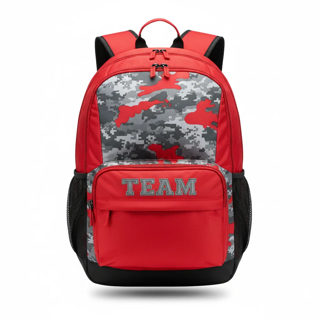 Custom Volleyball Backpack - Red, Grey - Team Backpack Athletic Camo Pattern - Front View - HAMCO Sports Inc.