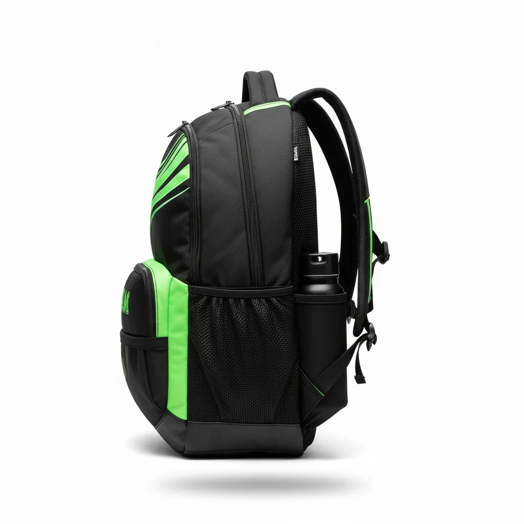 Custom Volleyball Backpack - Black, Green - Team Backpack Neon Wave Pattern - Side View - HAMCO Sports Inc.