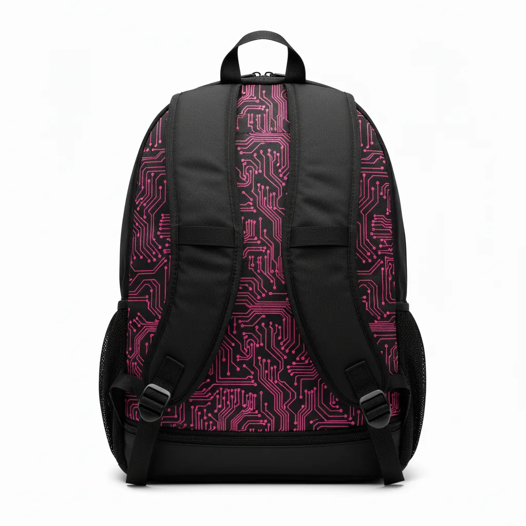 Custom Volleyball Backpack - Black - Team Backpack Neon Pink Circuit Pattern - Back View - HAMCO Sports Inc.