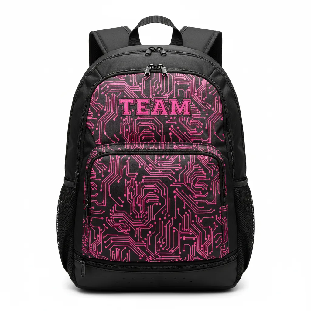 Custom Volleyball Backpack - Black - Team Backpack Neon Pink Circuit Pattern - Front View - HAMCO Sports Inc.