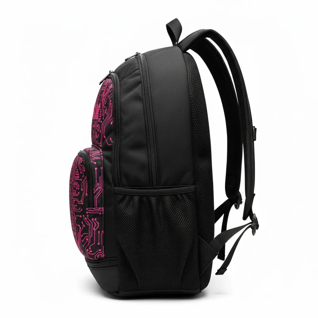 Custom Volleyball Backpack - Black - Team Backpack Neon Pink Circuit Pattern - Side View - HAMCO Sports Inc.