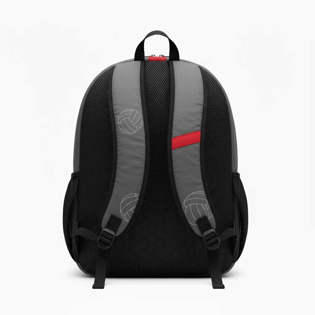 Custom Volleyball Backpack - Grey, Red - Team Backpack Charcoal Athletic Side Stripe - Back View - HAMCO Sports Inc.