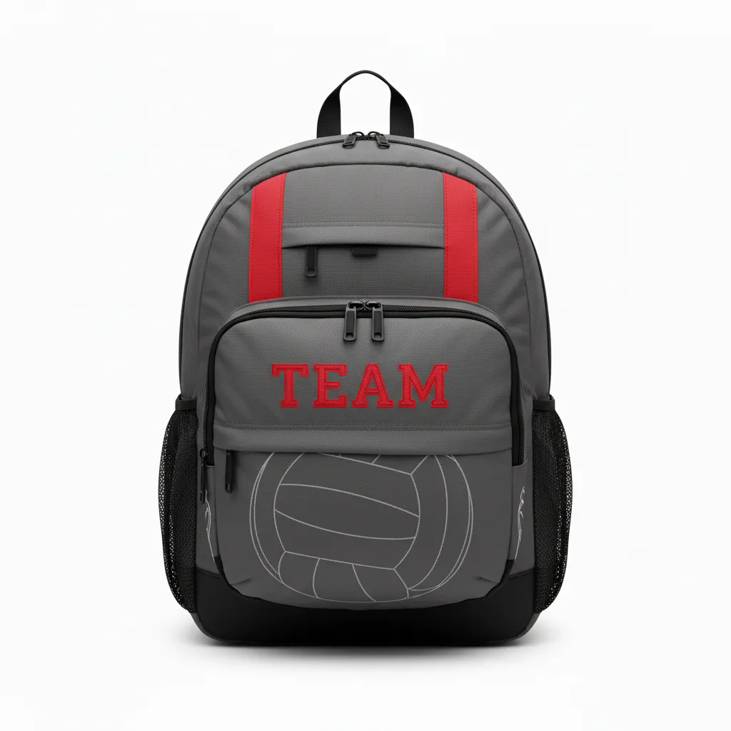 Custom Volleyball Backpack - Grey, Red - Team Backpack Charcoal Athletic Side Stripe - Front View - HAMCO Sports Inc.