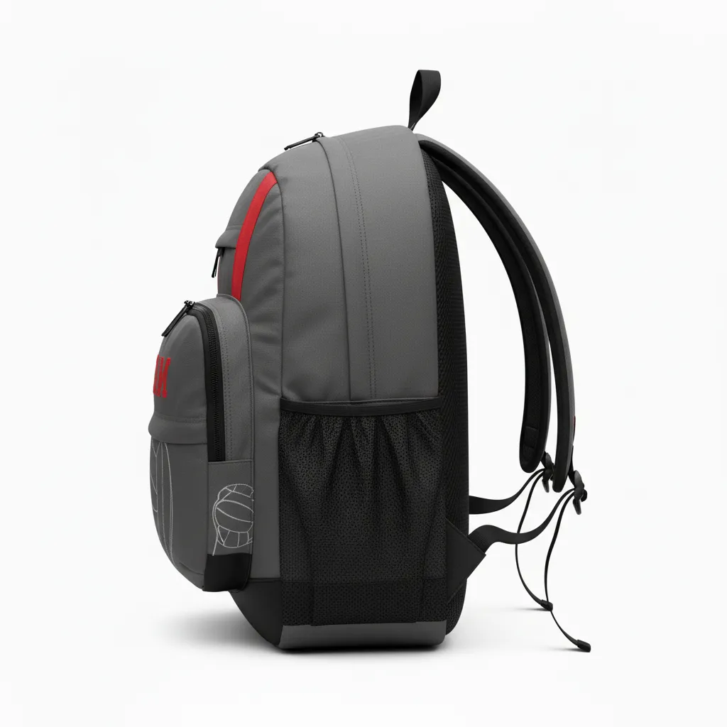 Custom Volleyball Backpack - Grey, Red - Team Backpack Charcoal Athletic Side Stripe - Side View - HAMCO Sports Inc.
