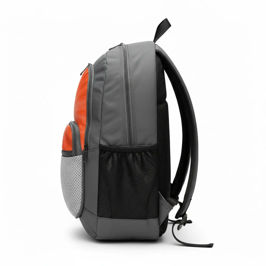 Custom Volleyball Backpack - Grey, Orange - Team Backpack Charcoal Neon Burst - Side View - HAMCO Sports Inc.