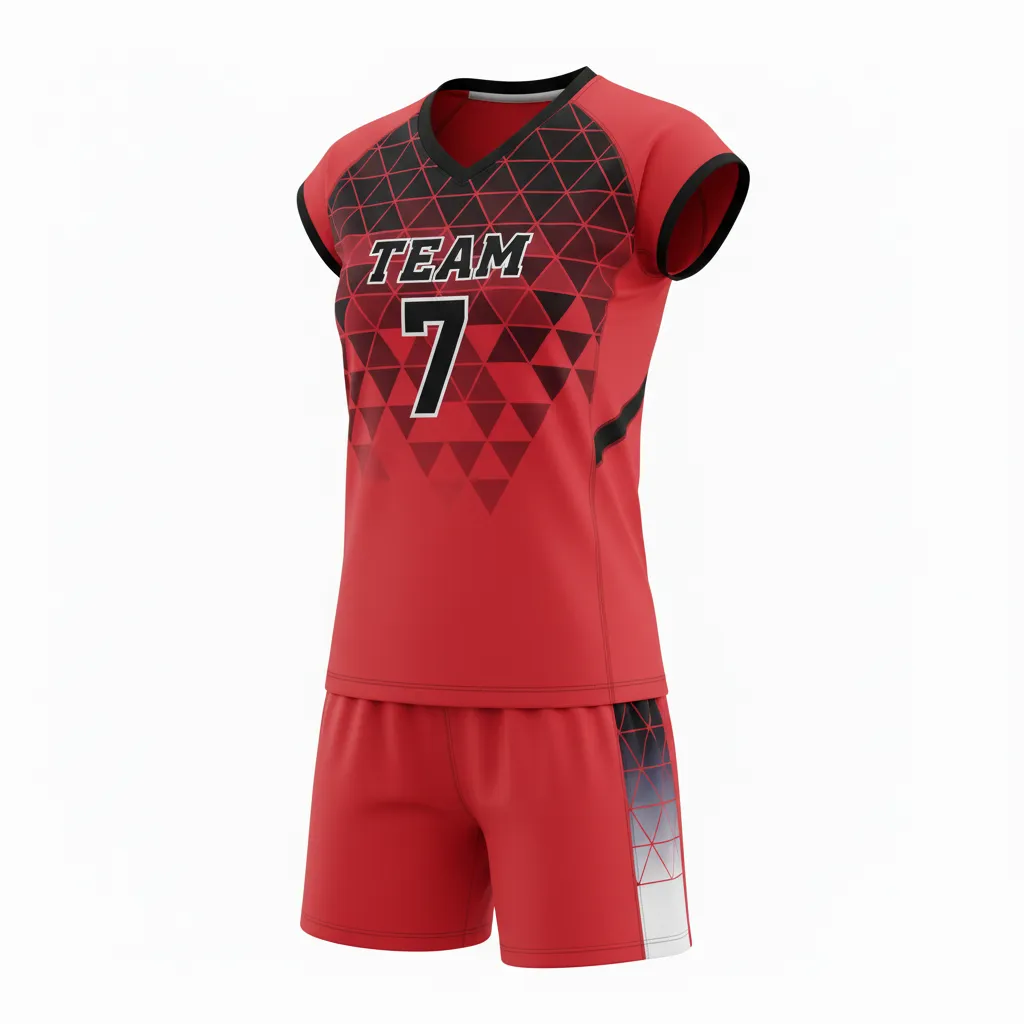 Custom Volleyball Cap Sleeve Volleyball Uniform - Red, Black - Cap Sleeve Uniform Athletic Geometric Triangles - Front View - HAMCO Sports Inc.