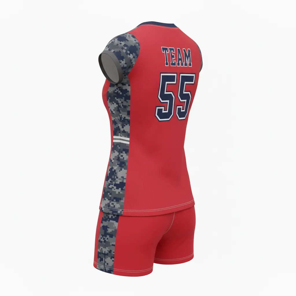 Custom Volleyball Cap Sleeve Volleyball Uniform - Red, Grey - Cap Sleeve Uniform Athletic Camo Pattern - Back View - HAMCO Sports Inc.