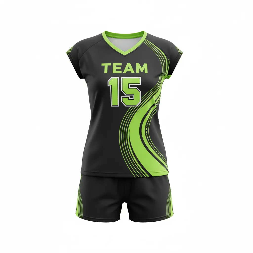 Custom Volleyball Cap Sleeve Volleyball Uniform - Black, Green - Cap Sleeve Uniform Neon Wave Pattern - Front View - HAMCO Sports Inc.