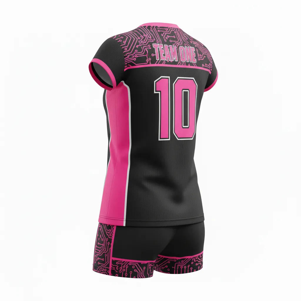 Custom Volleyball Cap Sleeve Volleyball Uniform - Black - Cap Sleeve Uniform Neon Pink Circuit Pattern - Back View - HAMCO Sports Inc.