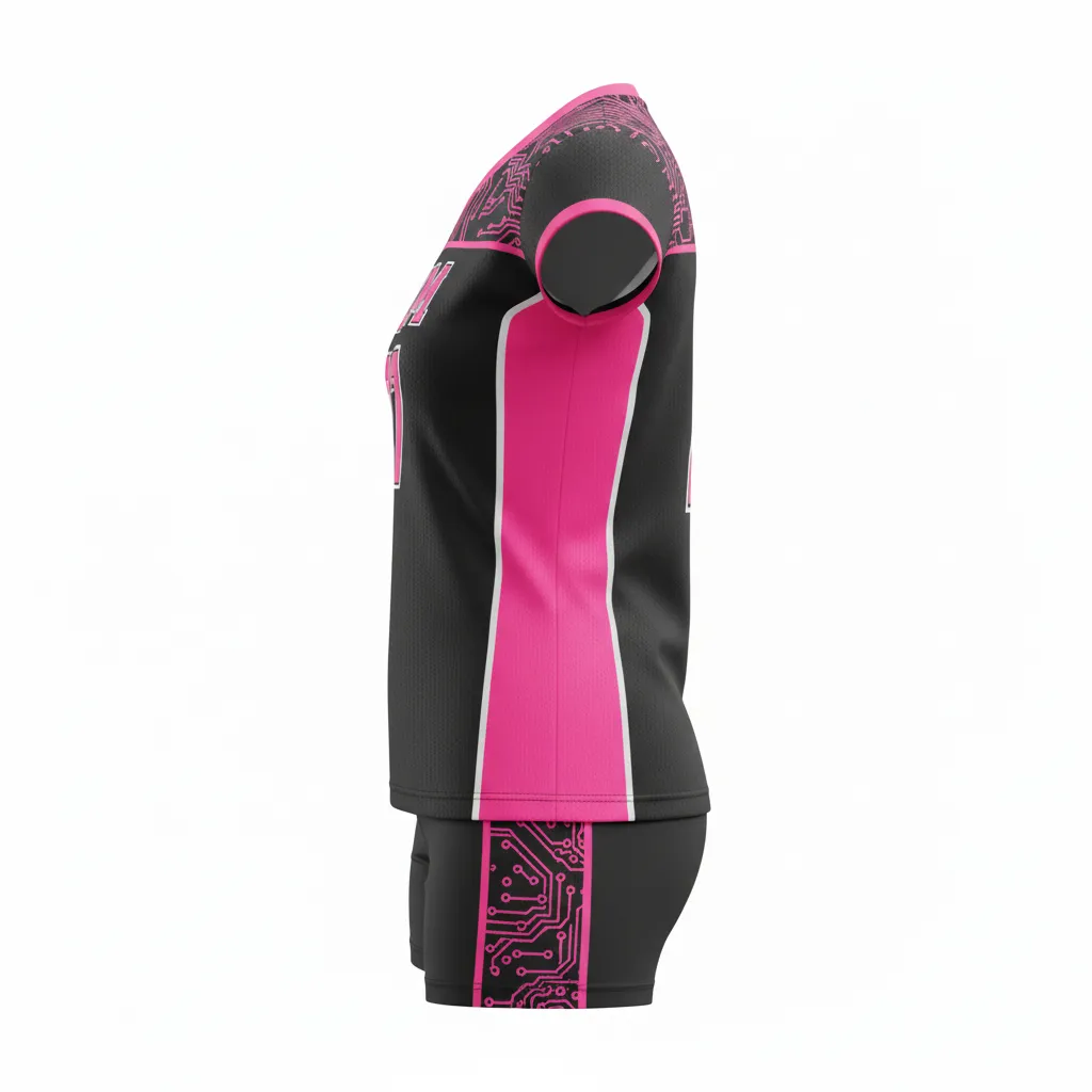 Custom Volleyball Cap Sleeve Volleyball Uniform - Black - Cap Sleeve Uniform Neon Pink Circuit Pattern - Side View - HAMCO Sports Inc.