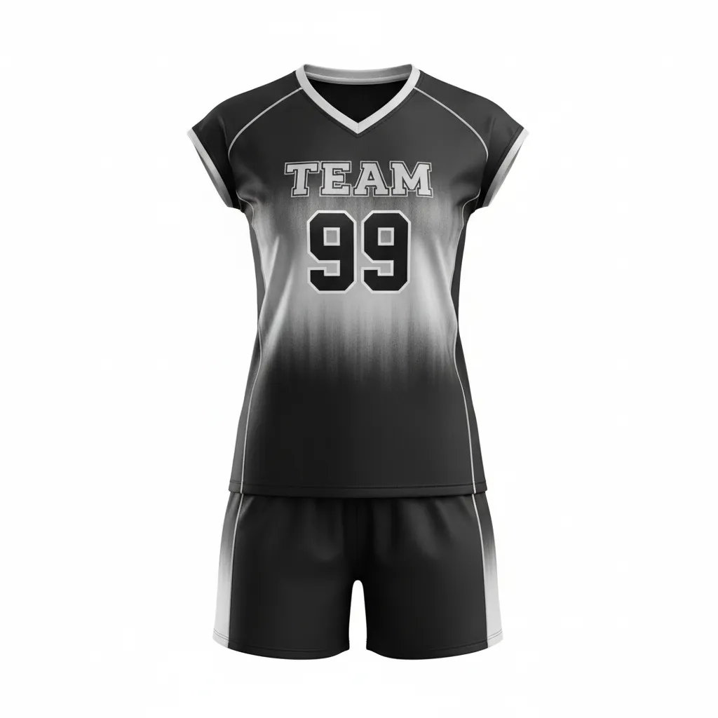 Custom Volleyball Cap Sleeve Volleyball Uniform - Black, Silver - Cap Sleeve Uniform Metallic Fade - Front View - HAMCO Sports Inc.