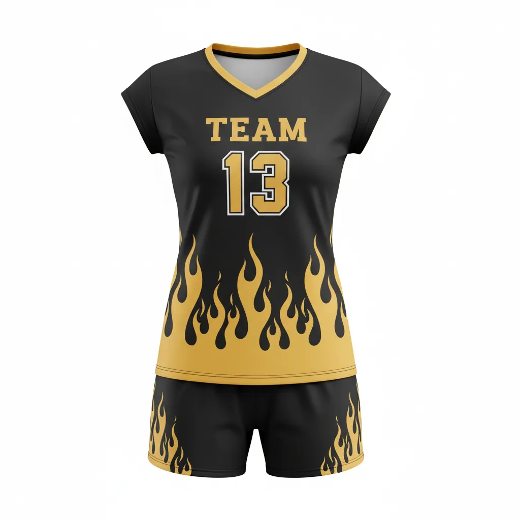 Custom Volleyball Cap Sleeve Volleyball Uniform - Black, Gold - Cap Sleeve Uniform Vegas Flame Design - Front View - HAMCO Sports Inc.