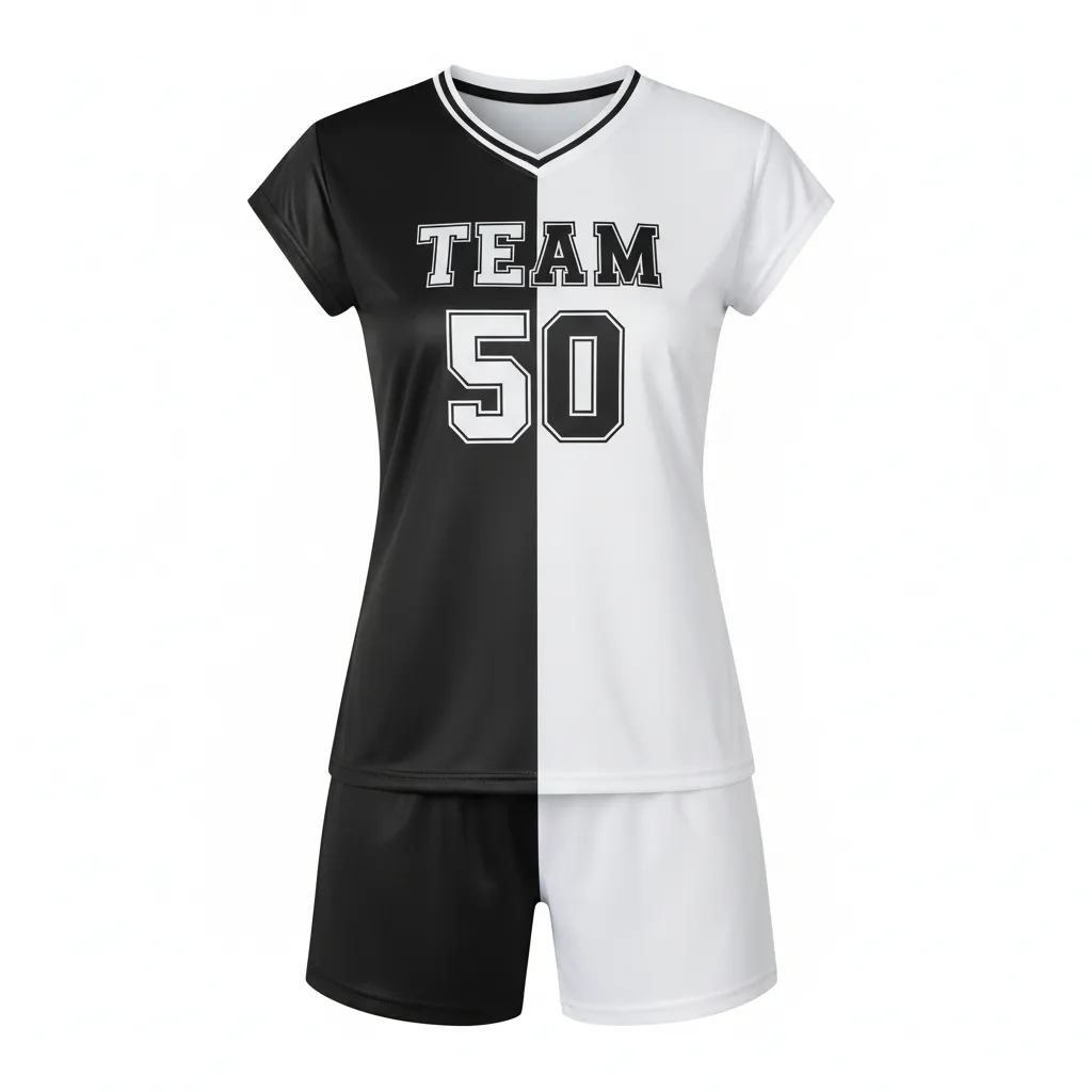 Custom Volleyball Cap Sleeve Volleyball Uniform - Black, White - Cap Sleeve Uniform Half And Half - Front View - HAMCO Sports Inc.