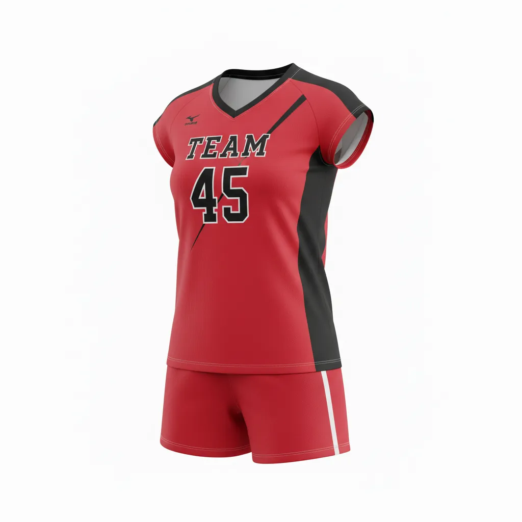 Custom Volleyball Cap Sleeve Volleyball Uniform - Red, Black - Cap Sleeve Uniform Cardinal Slash Design - Front View - HAMCO Sports Inc.
