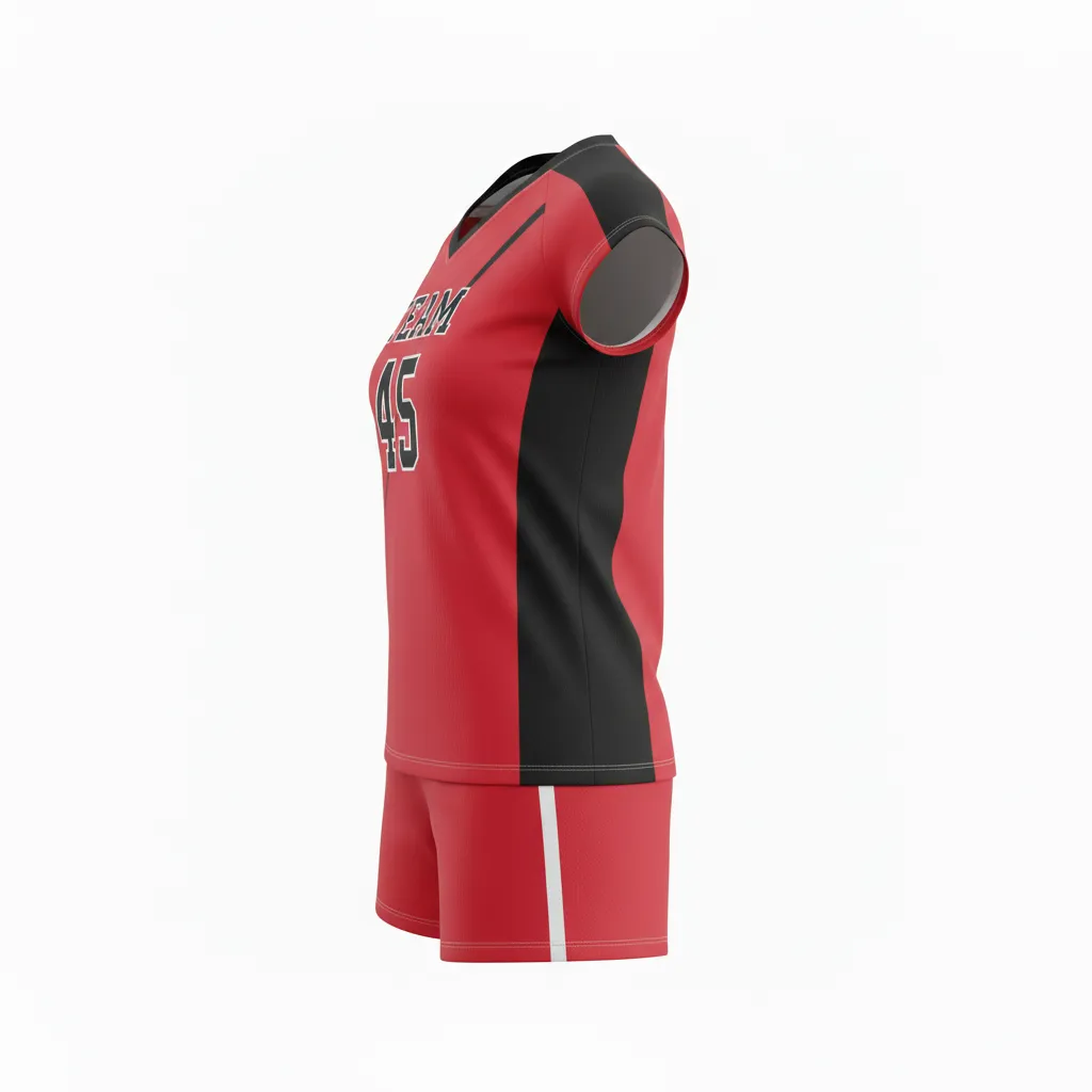 Custom Volleyball Cap Sleeve Volleyball Uniform - Red, Black - Cap Sleeve Uniform Cardinal Slash Design - Side View - HAMCO Sports Inc.