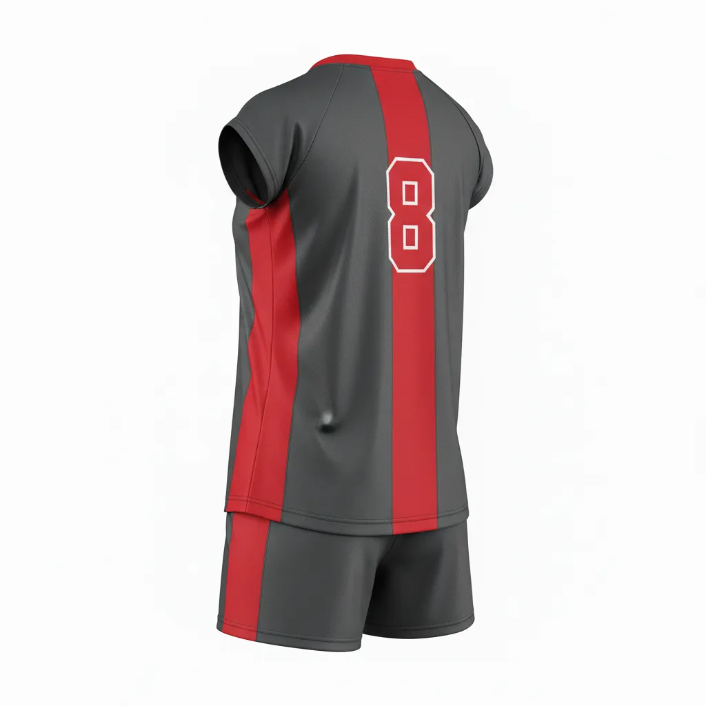 Custom Volleyball Cap Sleeve Volleyball Uniform - Grey, Red - Cap Sleeve Uniform Charcoal Athletic Side Stripe - Back View - HAMCO Sports Inc.