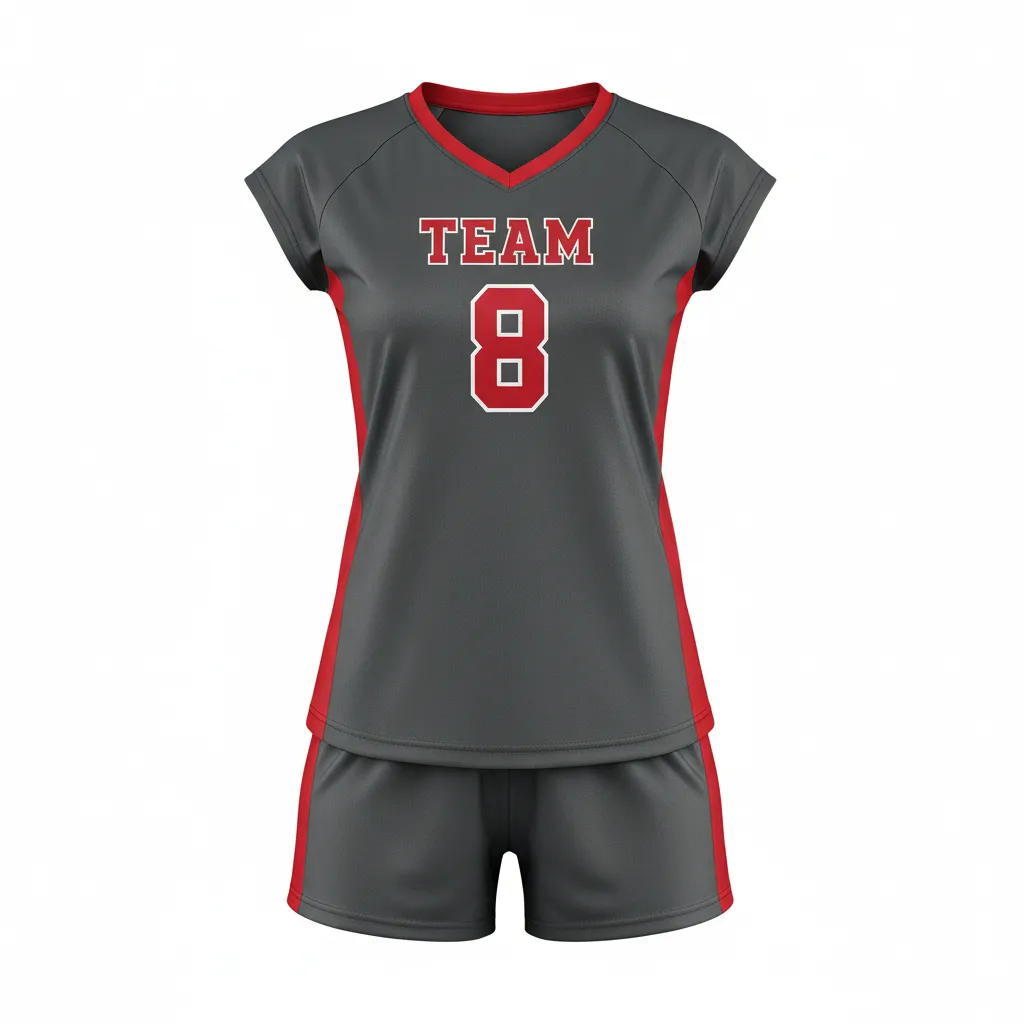 Custom Volleyball Cap Sleeve Volleyball Uniform - Grey, Red - Cap Sleeve Uniform Charcoal Athletic Side Stripe - Front View - HAMCO Sports Inc.