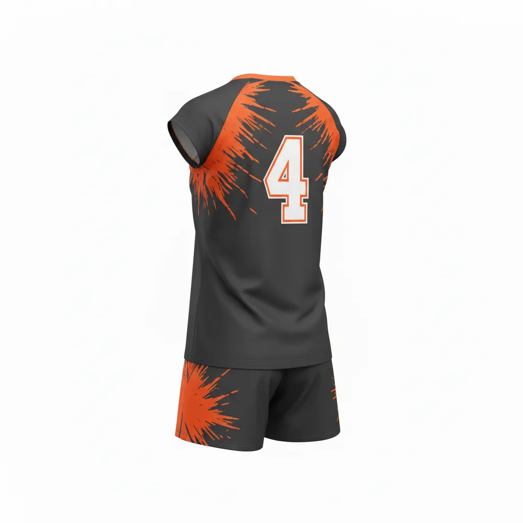 Custom Volleyball Cap Sleeve Volleyball Uniform - Grey, Orange - Cap Sleeve Uniform Charcoal Neon Burst - Back View - HAMCO Sports Inc.