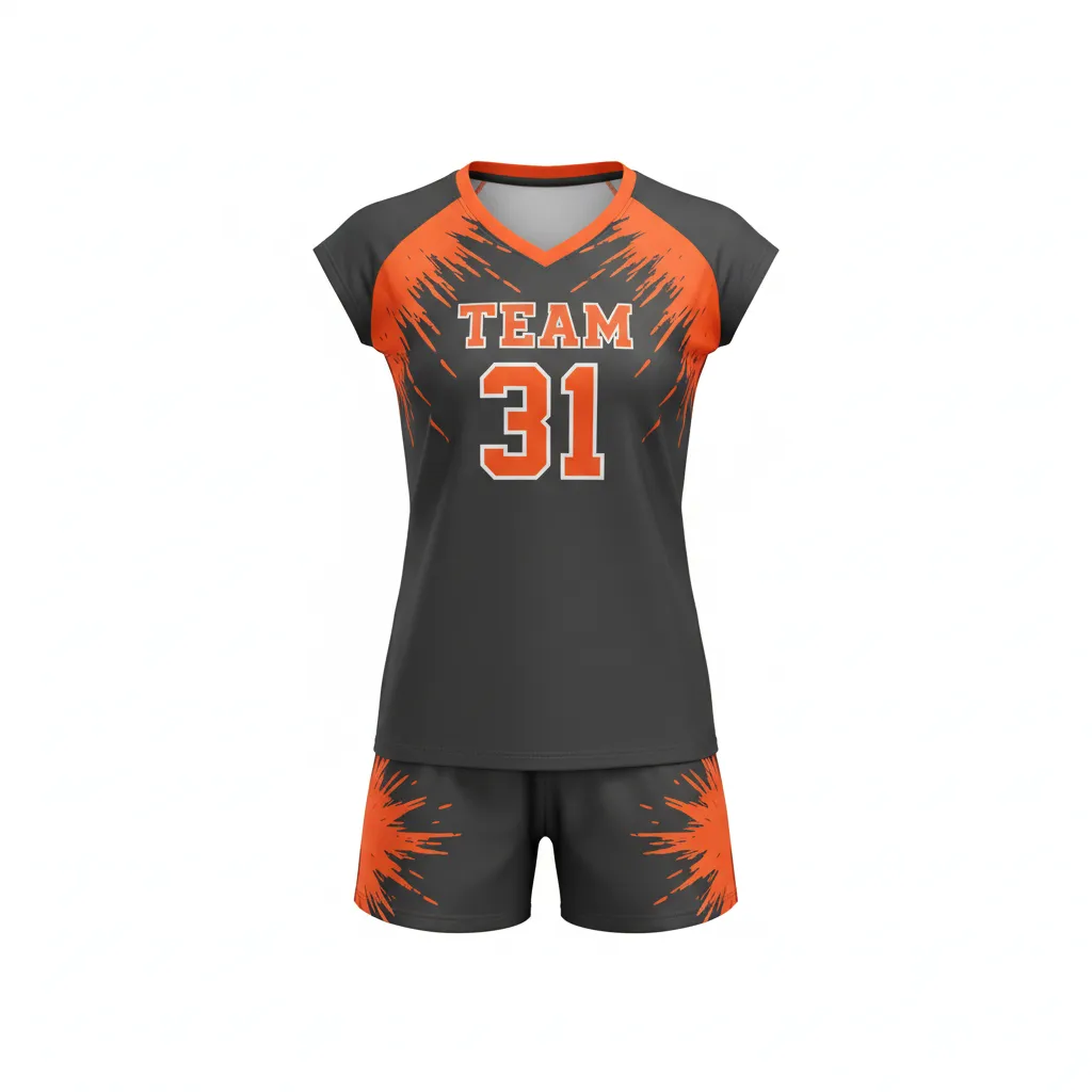 Custom Volleyball Cap Sleeve Volleyball Uniform - Grey, Orange - Cap Sleeve Uniform Charcoal Neon Burst - Front View - HAMCO Sports Inc.