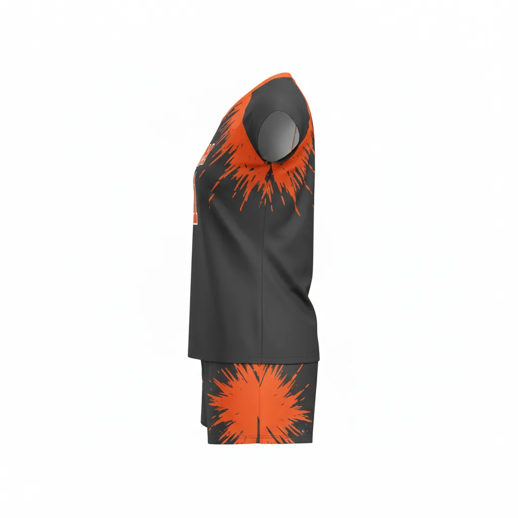 Custom Volleyball Cap Sleeve Volleyball Uniform - Grey, Orange - Cap Sleeve Uniform Charcoal Neon Burst - Side View - HAMCO Sports Inc.