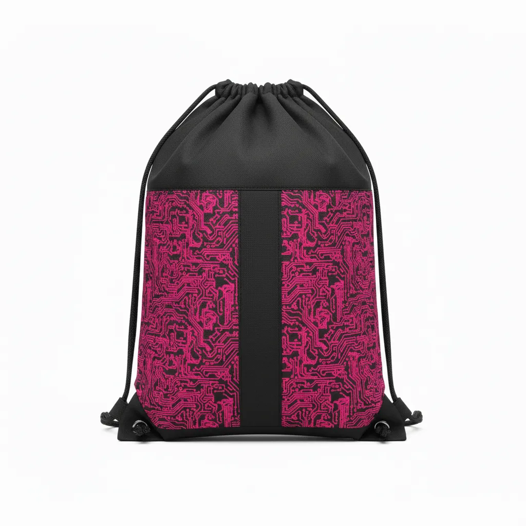 Custom Volleyball Cinch Bag - Black - Cinch Bag Neon Pink Circuit Pattern - Back View - HAMCO Sports Inc.