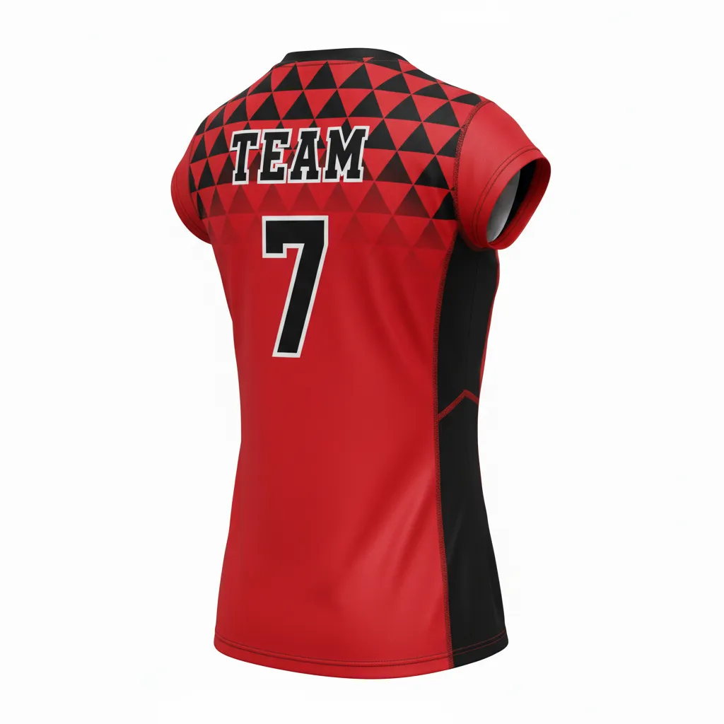 Custom Volleyball Crewneck Cap Sleeve Jersey - Red, Black - Crewneck Cap Sleeve Jersey Athletic Geometric Triangles - Back View - HAMCO Sports Inc.