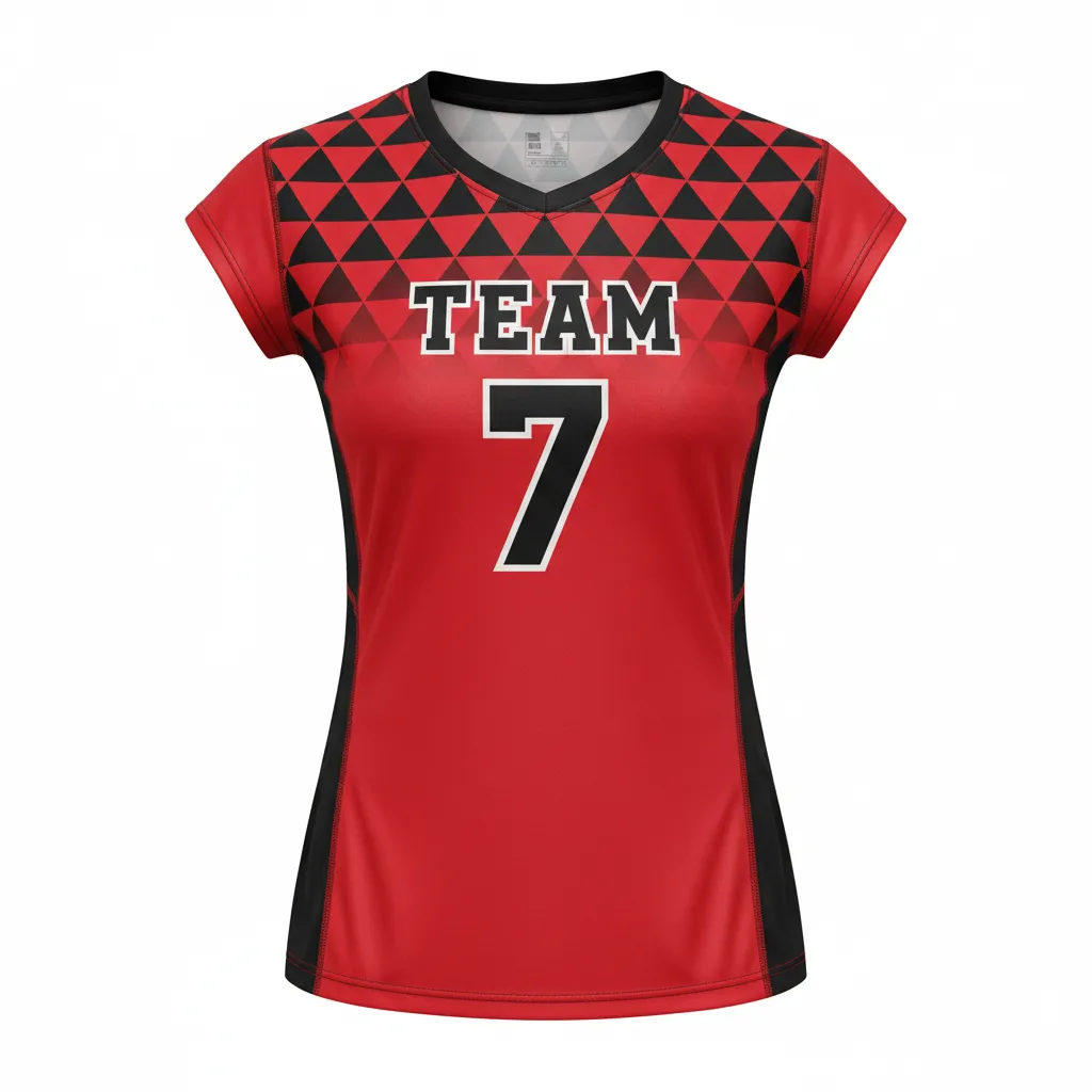 Custom Volleyball Crewneck Cap Sleeve Jersey - Red, Black - Crewneck Cap Sleeve Jersey Athletic Geometric Triangles - Front View - HAMCO Sports Inc.
