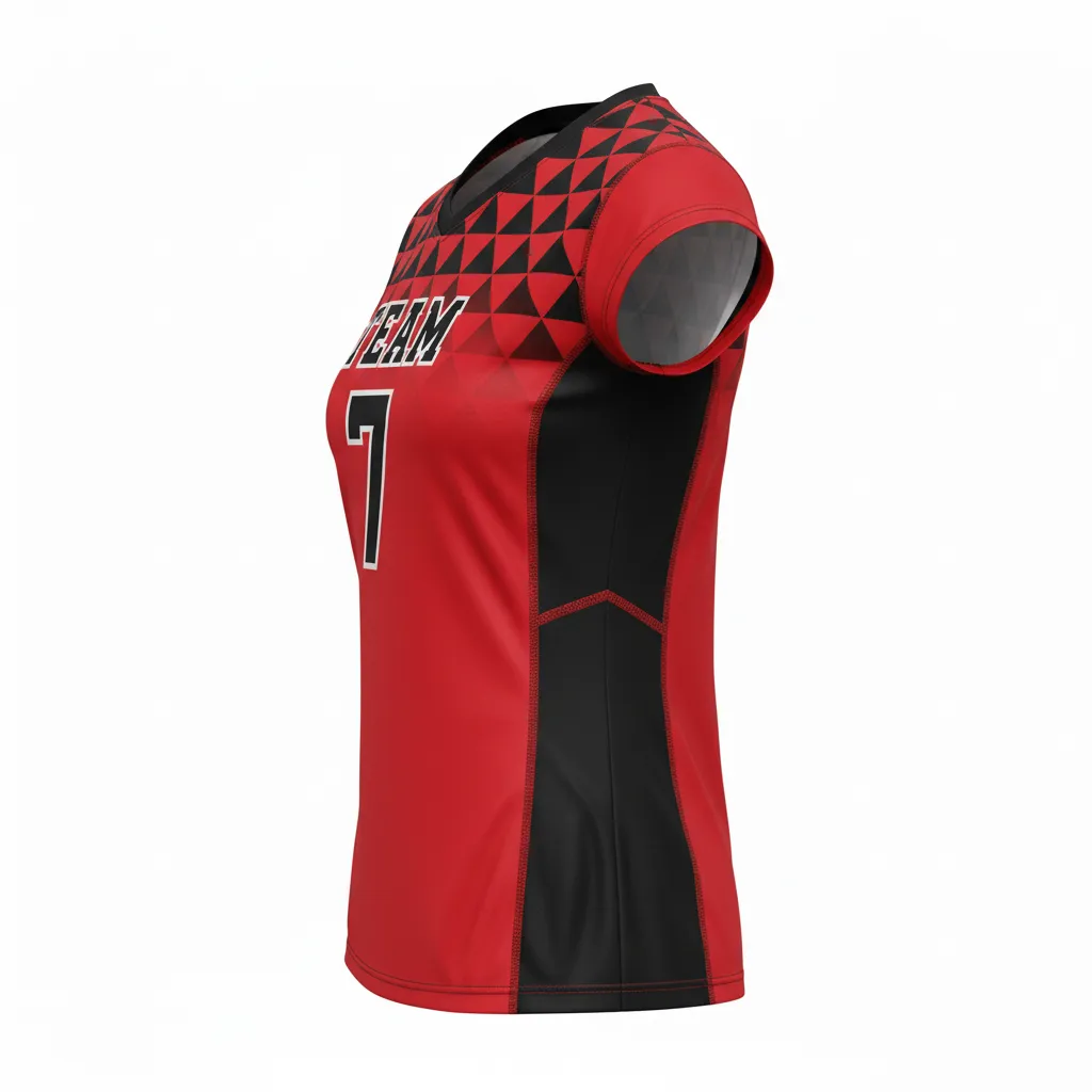 Custom Volleyball Crewneck Cap Sleeve Jersey - Red, Black - Crewneck Cap Sleeve Jersey Athletic Geometric Triangles - Side View - HAMCO Sports Inc.