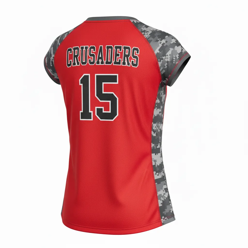 Custom Volleyball Crewneck Cap Sleeve Jersey - Red, Grey - Crewneck Cap Sleeve Jersey Athletic Camo Pattern - Back View - HAMCO Sports Inc.