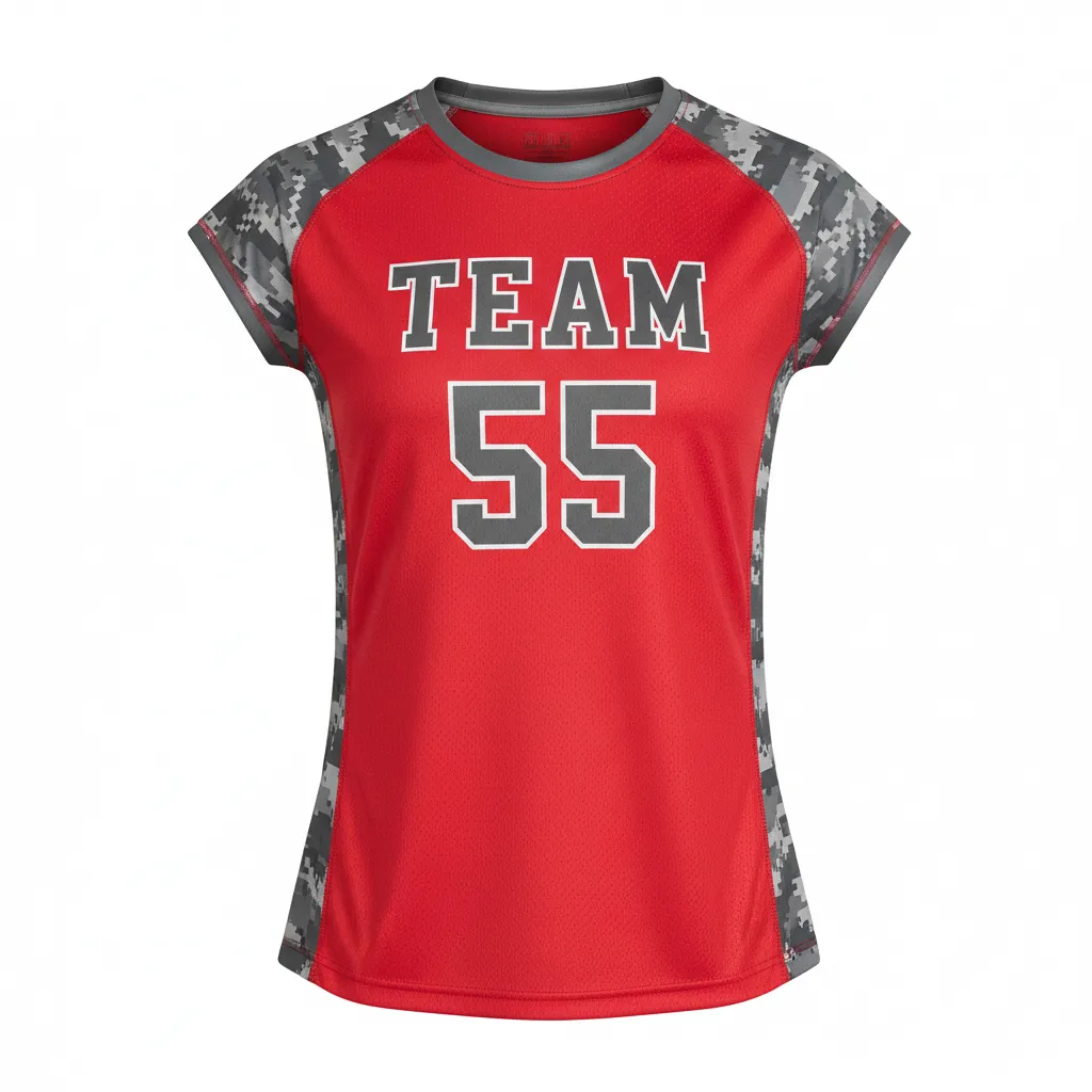 Custom Volleyball Crewneck Cap Sleeve Jersey - Red, Grey - Crewneck Cap Sleeve Jersey Athletic Camo Pattern - Front View - HAMCO Sports Inc.