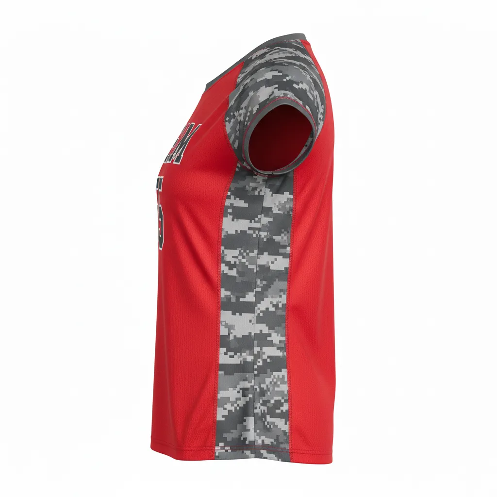 Custom Volleyball Crewneck Cap Sleeve Jersey - Red, Grey - Crewneck Cap Sleeve Jersey Athletic Camo Pattern - Side View - HAMCO Sports Inc.