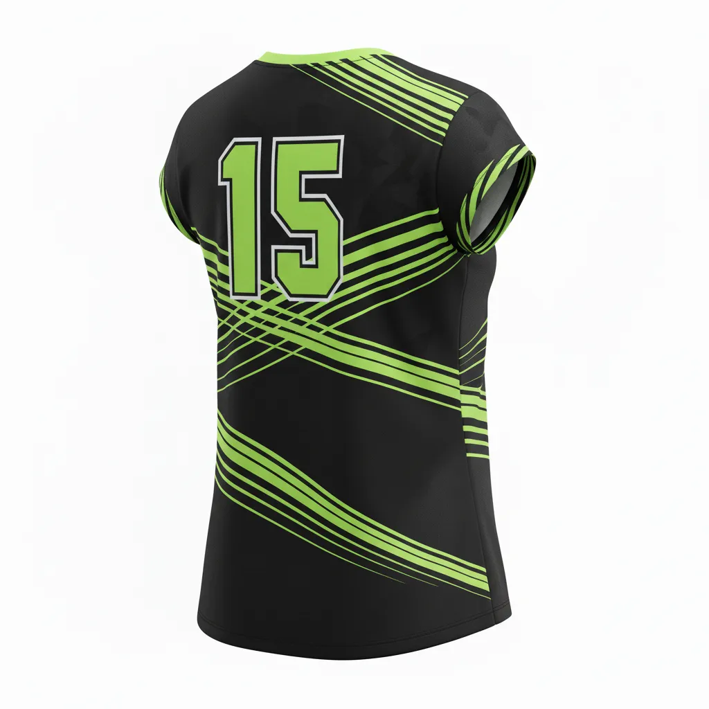 Custom Volleyball Crewneck Cap Sleeve Jersey - Black, Green - Crewneck Cap Sleeve Jersey Neon Wave Pattern - Back View - HAMCO Sports Inc.