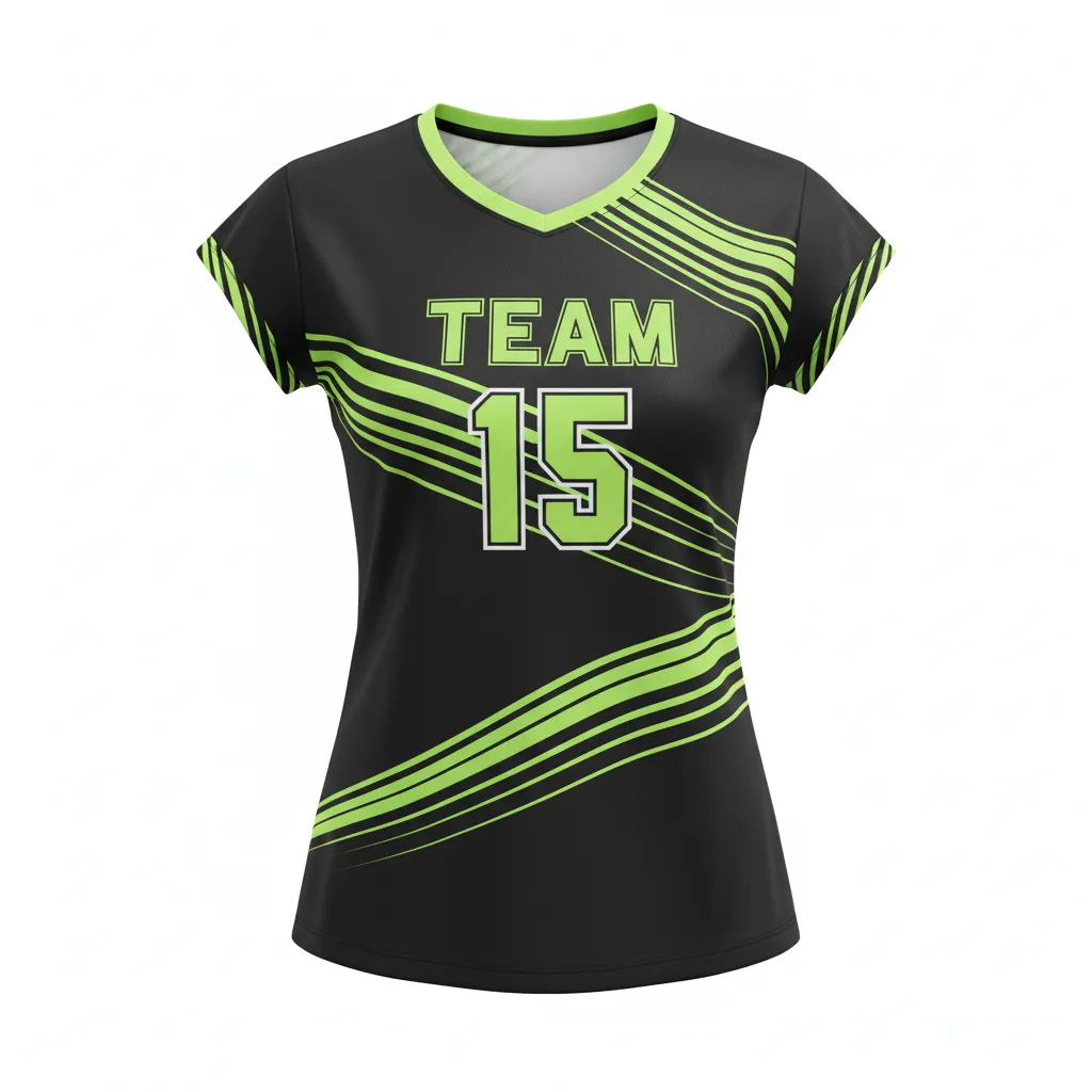 Custom Volleyball Crewneck Cap Sleeve Jersey - Black, Green - Crewneck Cap Sleeve Jersey Neon Wave Pattern - Front View - HAMCO Sports Inc.