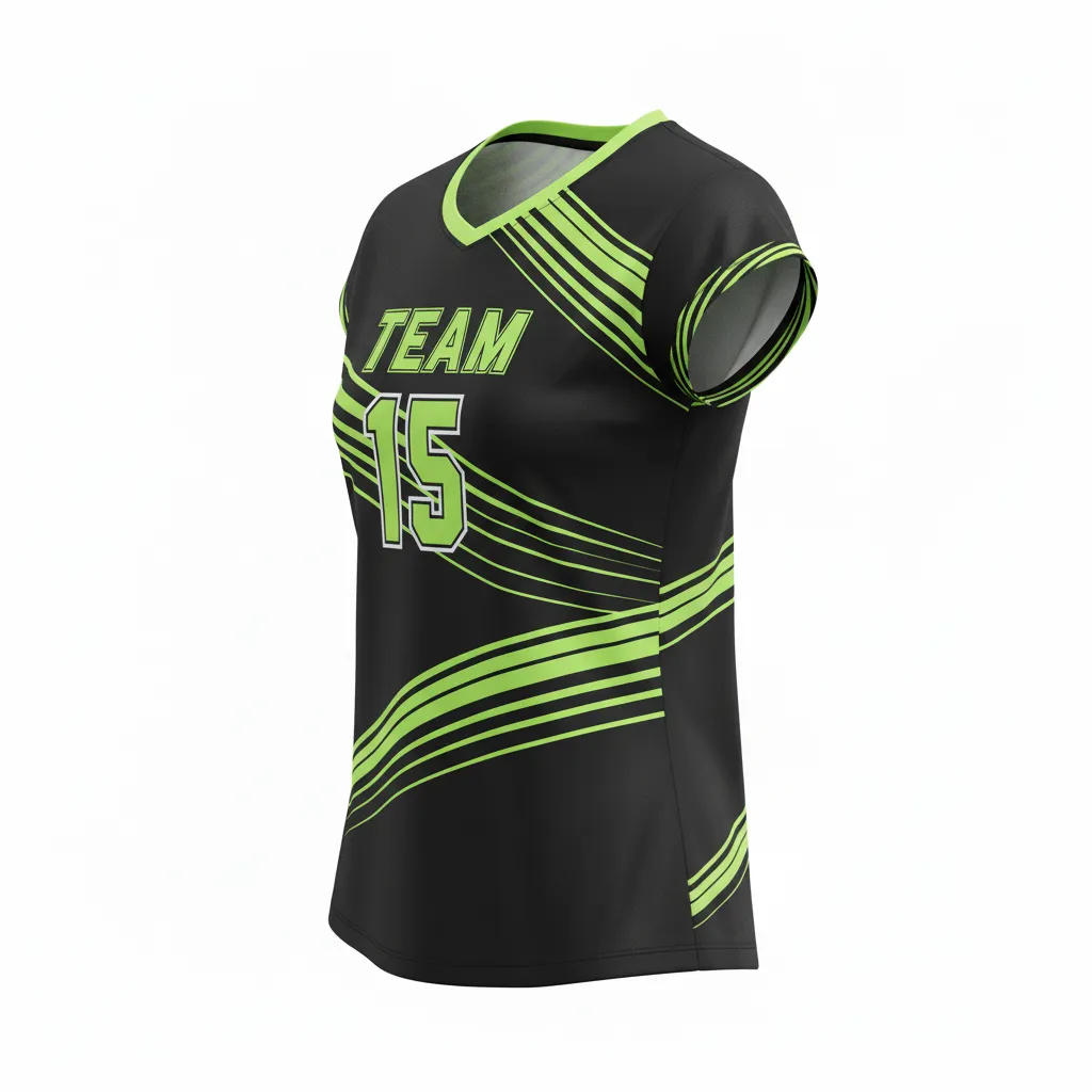 Custom Volleyball Crewneck Cap Sleeve Jersey - Black, Green - Crewneck Cap Sleeve Jersey Neon Wave Pattern - Side View - HAMCO Sports Inc.