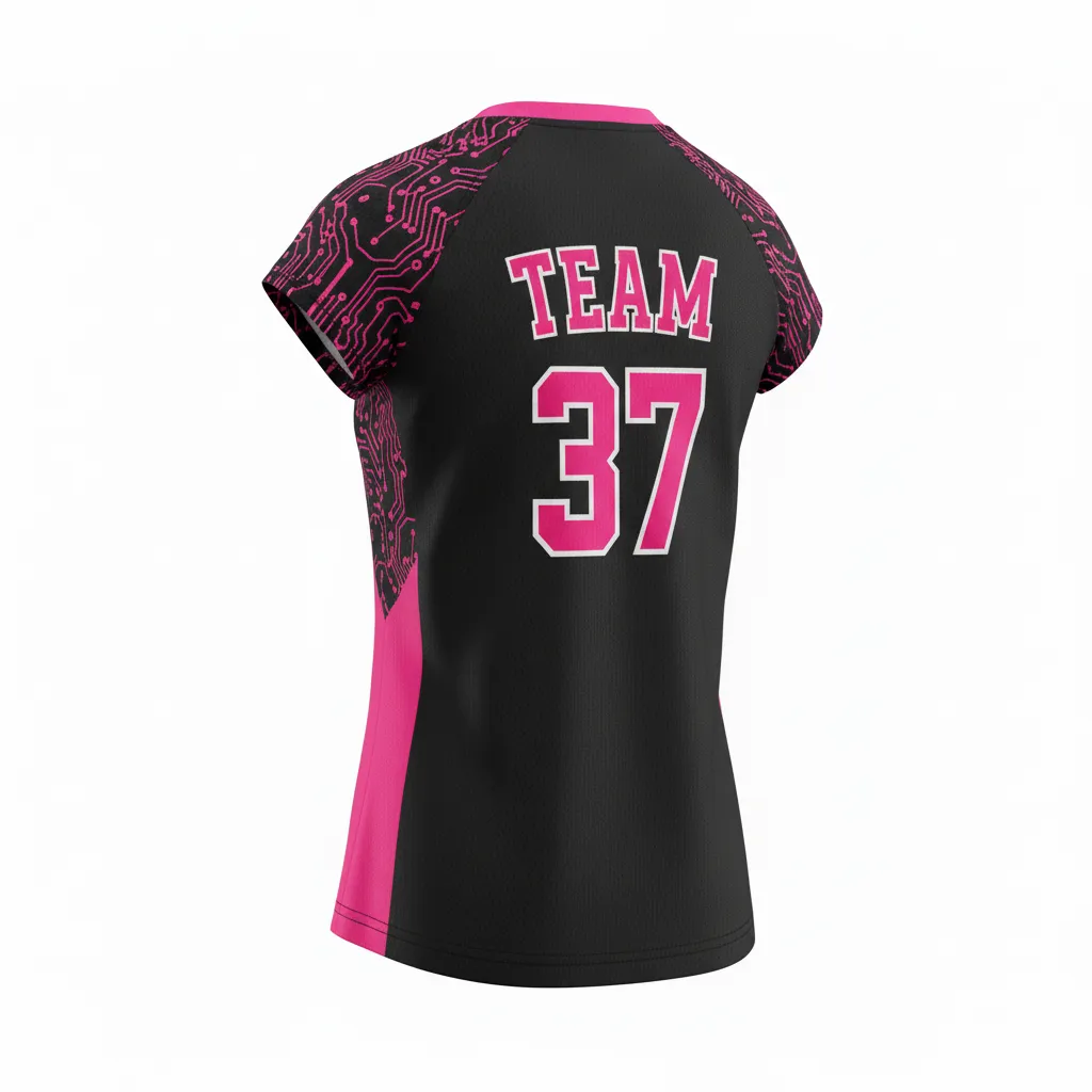 Custom Volleyball Crewneck Cap Sleeve Jersey - Black - Crewneck Cap Sleeve Jersey Neon Pink Circuit Pattern - Back View - HAMCO Sports Inc.