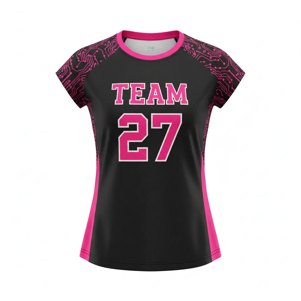Custom Volleyball Crewneck Cap Sleeve Jersey - Black - Crewneck Cap Sleeve Jersey Neon Pink Circuit Pattern - Front View - HAMCO Sports Inc.