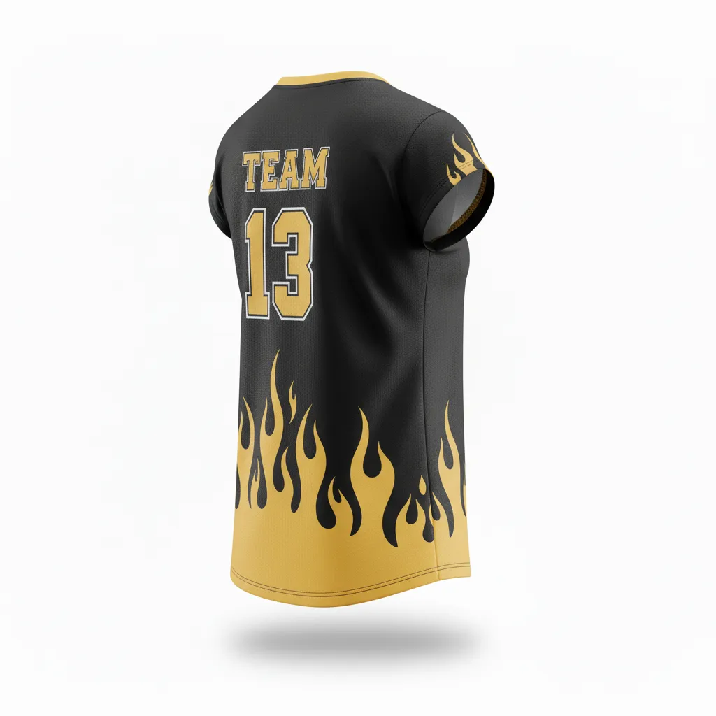 Custom Volleyball Crewneck Cap Sleeve Jersey - Black, Gold - Crewneck Cap Sleeve Jersey Vegas Flame Design - Back View - HAMCO Sports Inc.