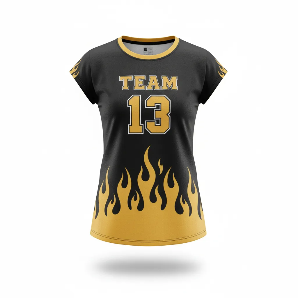 Custom Volleyball Crewneck Cap Sleeve Jersey - Black, Gold - Crewneck Cap Sleeve Jersey Vegas Flame Design - Front View - HAMCO Sports Inc.