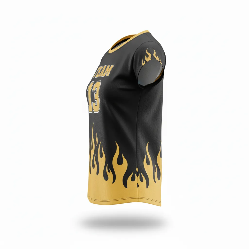 Custom Volleyball Crewneck Cap Sleeve Jersey - Black, Gold - Crewneck Cap Sleeve Jersey Vegas Flame Design - Side View - HAMCO Sports Inc.