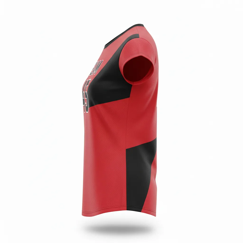 Custom Volleyball Crewneck Cap Sleeve Jersey - Red, Black - Crewneck Cap Sleeve Jersey Cardinal Slash Design - Side View - HAMCO Sports Inc.