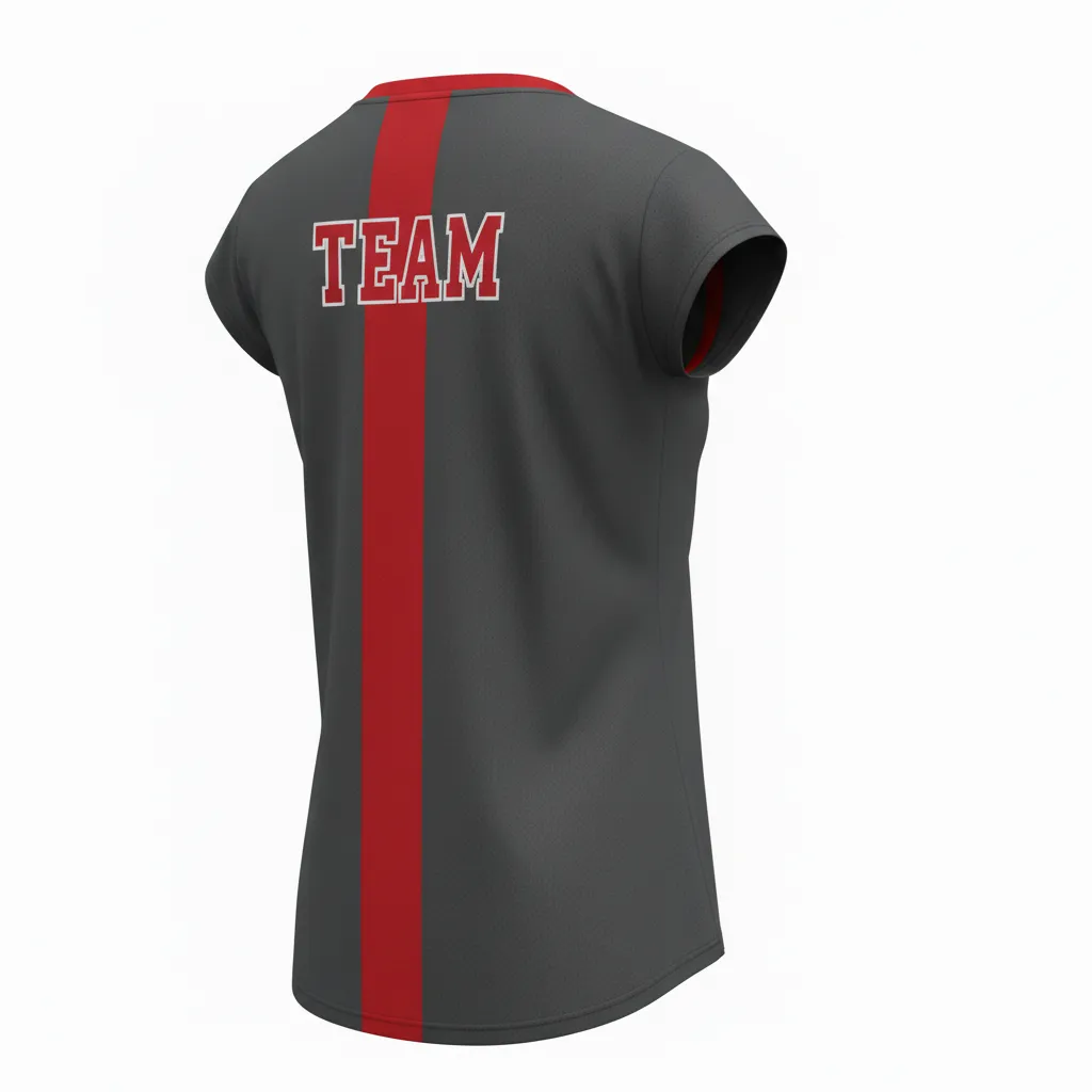 Custom Volleyball Crewneck Cap Sleeve Jersey - Grey, Red - Crewneck Cap Sleeve Jersey Charcoal Athletic Side Stripe - Back View - HAMCO Sports Inc.