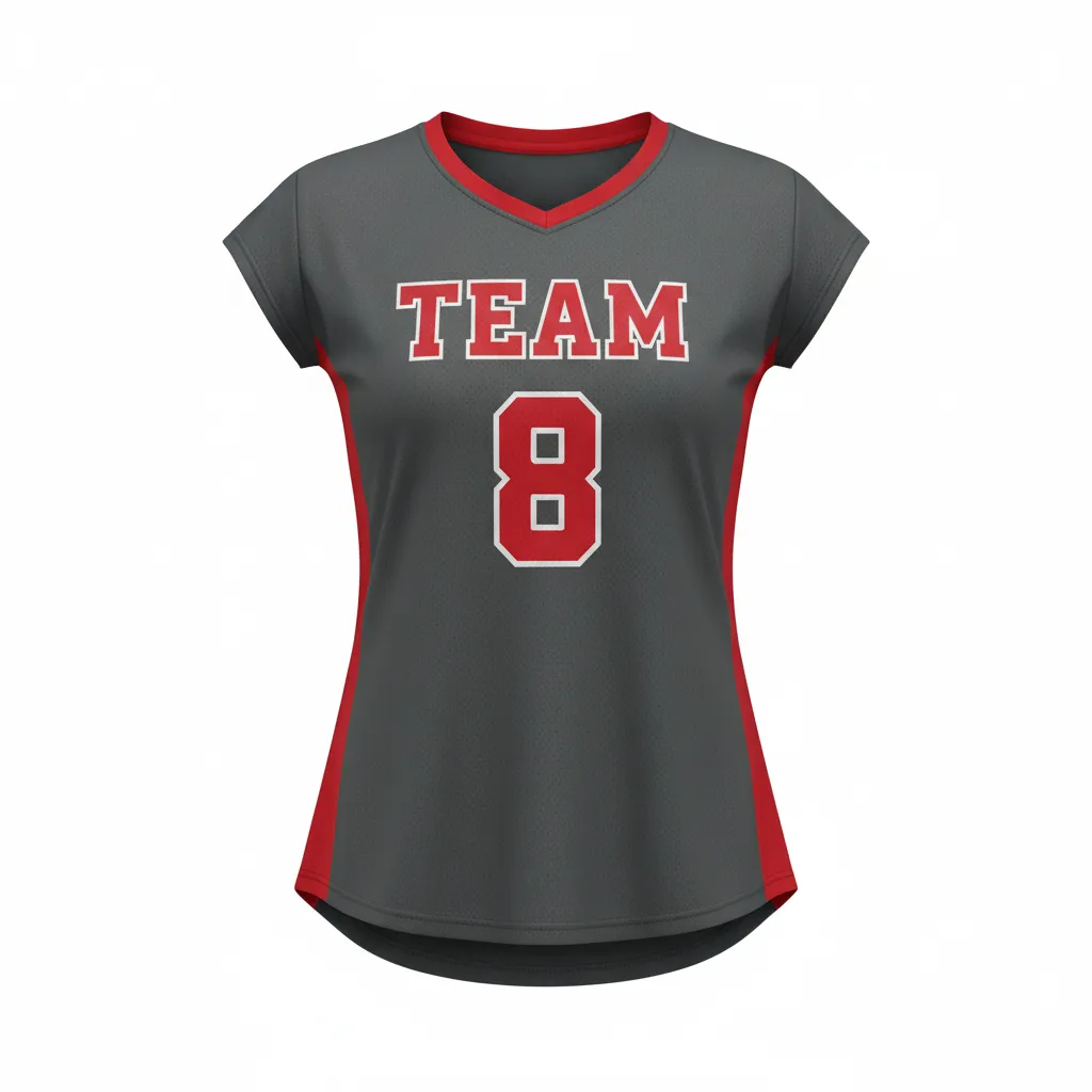 Custom Volleyball Crewneck Cap Sleeve Jersey - Grey, Red - Crewneck Cap Sleeve Jersey Charcoal Athletic Side Stripe - Front View - HAMCO Sports Inc.