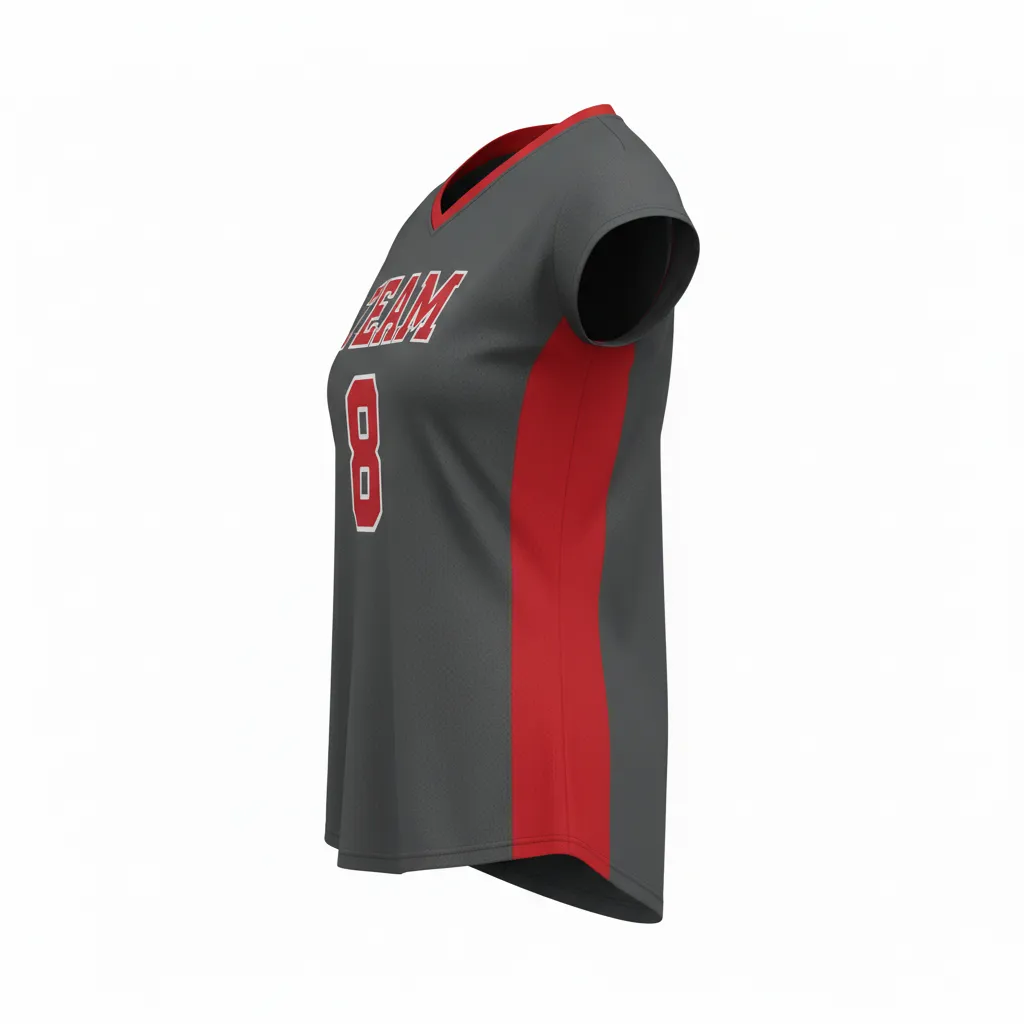 Custom Volleyball Crewneck Cap Sleeve Jersey - Grey, Red - Crewneck Cap Sleeve Jersey Charcoal Athletic Side Stripe - Side View - HAMCO Sports Inc.