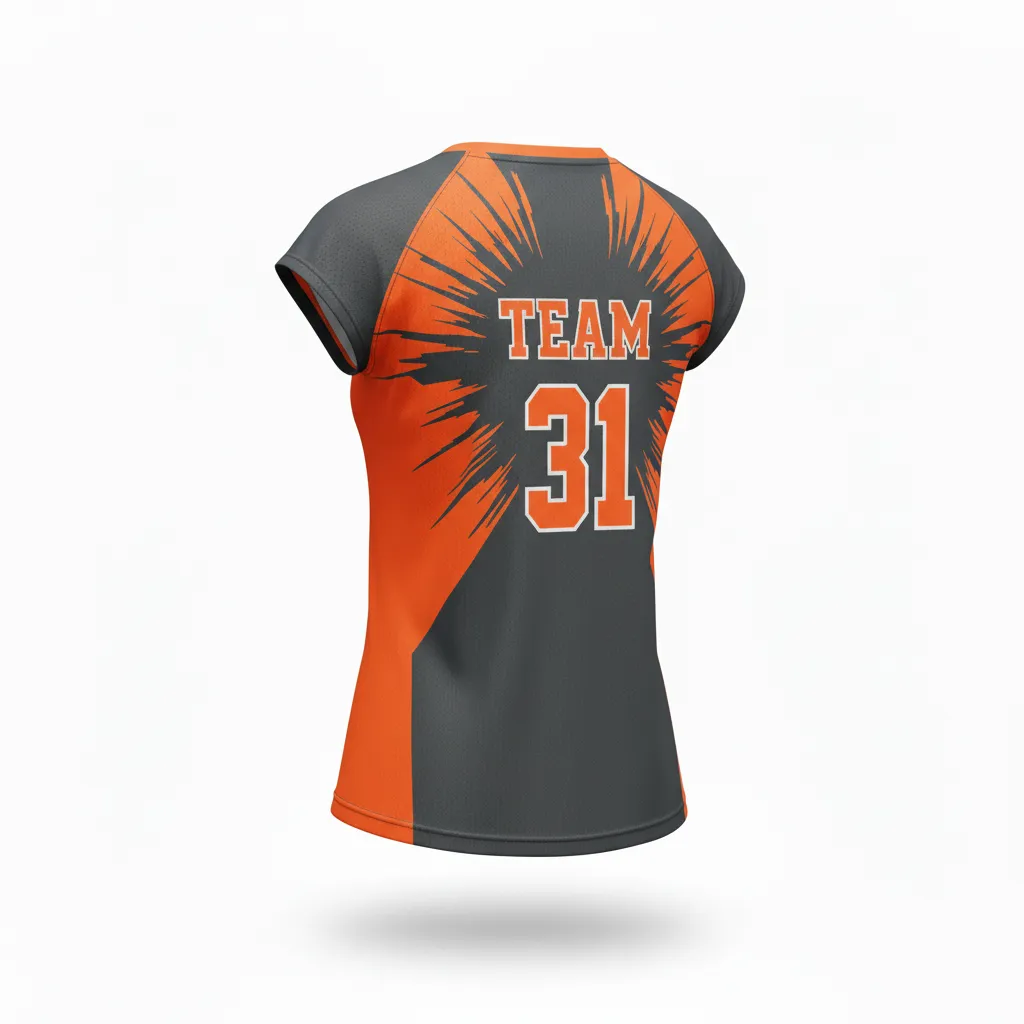 Custom Volleyball Crewneck Cap Sleeve Jersey - Grey, Orange - Crewneck Cap Sleeve Jersey Charcoal Neon Burst - Back View - HAMCO Sports Inc.