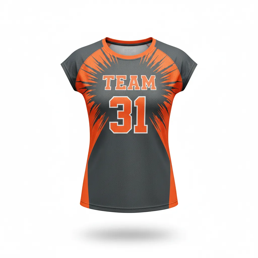Custom Volleyball Crewneck Cap Sleeve Jersey - Grey, Orange - Crewneck Cap Sleeve Jersey Charcoal Neon Burst - Front View - HAMCO Sports Inc.