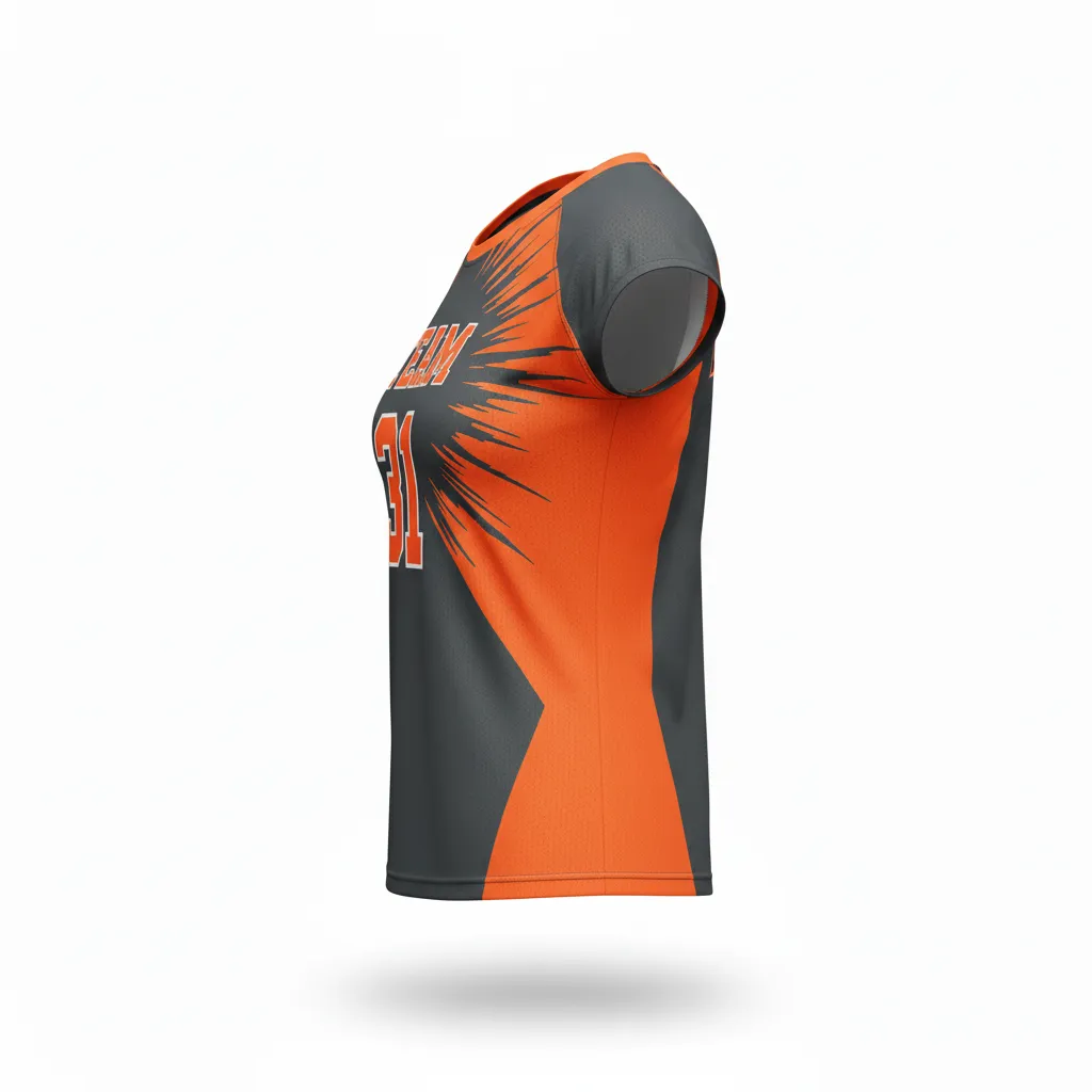 Custom Volleyball Crewneck Cap Sleeve Jersey - Grey, Orange - Crewneck Cap Sleeve Jersey Charcoal Neon Burst - Side View - HAMCO Sports Inc.
